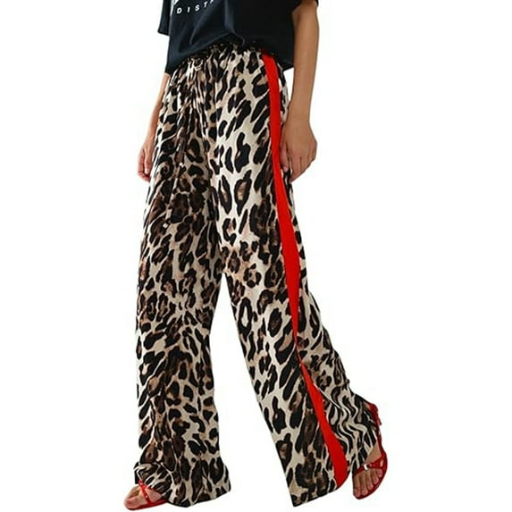 FINALGANG Women Casual Pants Loose Leopard Printed Elastic Waist Drawstring Side Striped Straight Wide Leg Trousers With Pockets Woman Comfort Indoor Outdoor Wear Pants,White,M