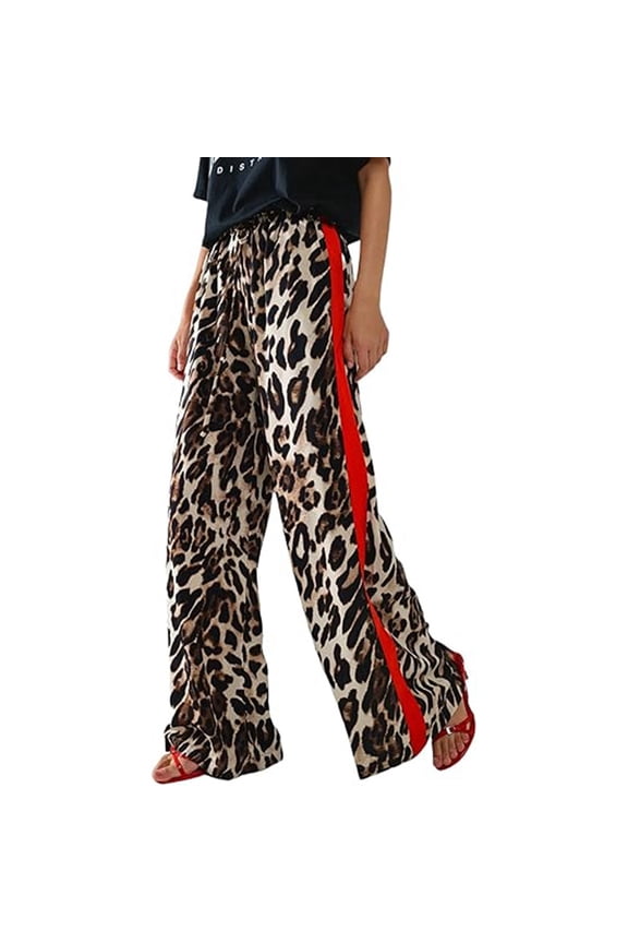 Women Casual Pants Loose Leopard Printed Elastic Waist Drawstring Side Striped Straight Wide Leg Trousers With Pockets Woman Elegant Climbing Hiking Camping Cycling Pants,White,Xl