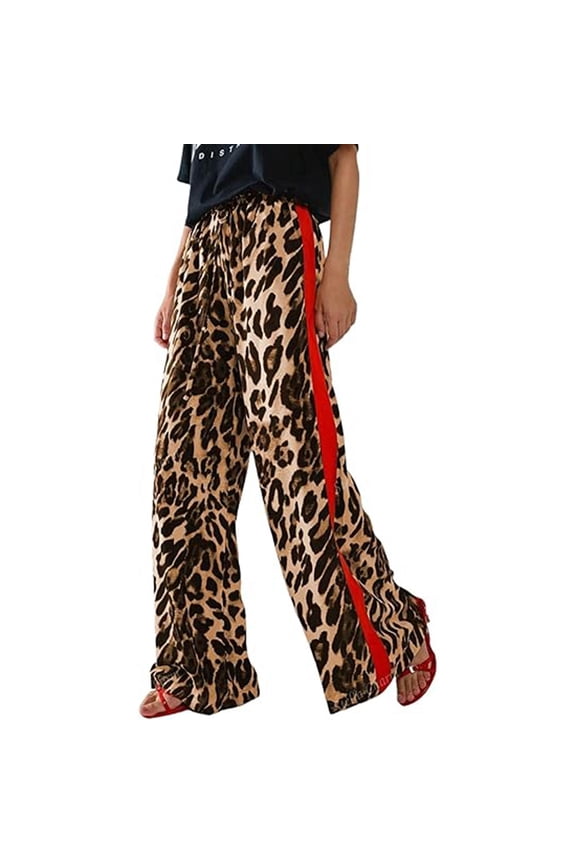 Women Casual Pants Loose Leopard Printed Elastic Waist Drawstring Side Striped Straight Wide Leg Trousers With Pockets Woman Handsome Birthday Wedding Weekend Pants,Brown,L