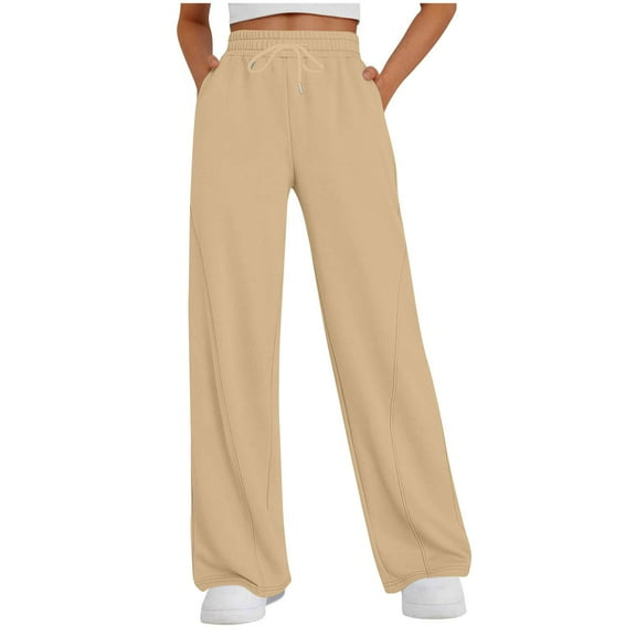 FINALGANG Women Casual Pants Solid Color Elastic High Waist Drawstring Straight Wide Leg Sweatpants Trousers With Pockets Woman Classic Casual Daily Party Photoshoot Pants,Beige,L