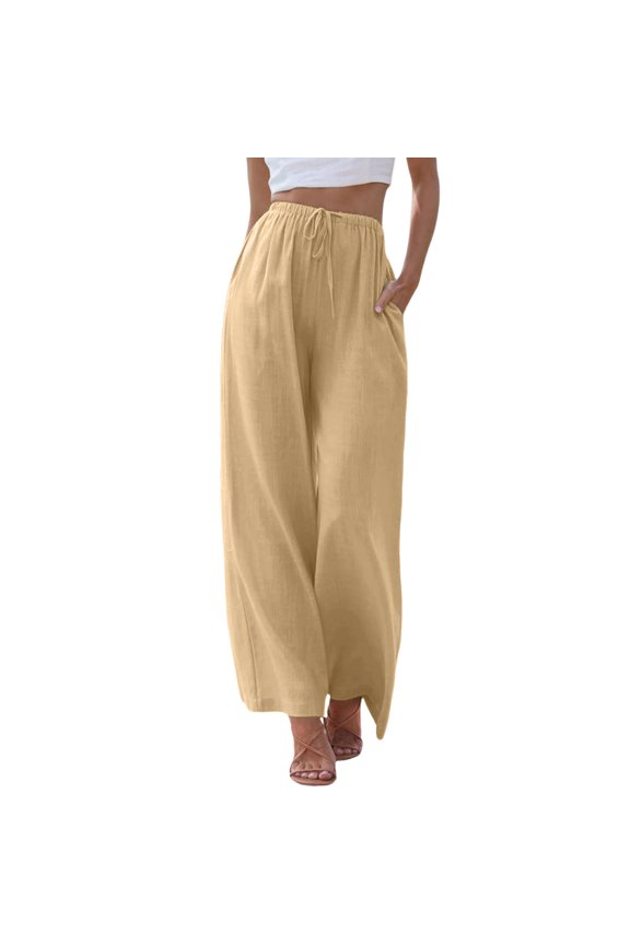 Women Casual Pants Solid Color Stretch Elastic High Waist Drawstring Straight Wide Leg Trousers With Pockets Woman Casual Indoor Outdoor Wear Pants,Khaki,Xxxl