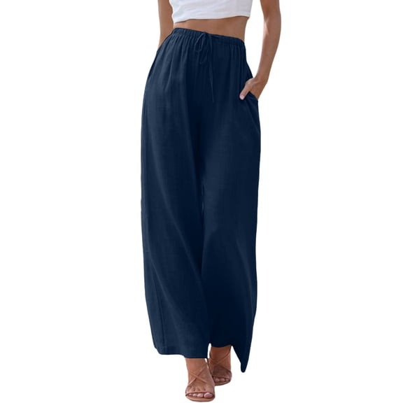 FINALGANG Women Casual Pants Solid Color Stretch Elastic High Waist Drawstring Straight Wide Leg Trousers With Pockets Woman Classic Climbing Hiking Camping Cycling Pants,Navy,M