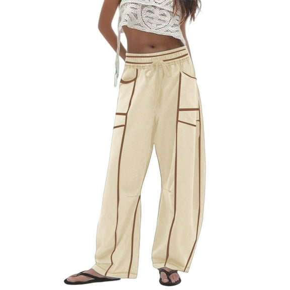 FINALGANG Women Casual Pants Stretchy Striped Printed Elastic Waist Drawstring Straight Wide Leg Trousers With Pockets Woman Stylish Casual Daily Party Photoshoot Pants,Beige,L