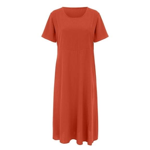 FINALGANG Women Elegant Dress Solid Color Short Sleeve O-Neck Cotton Linen Sundress With Pockets Relaxed Fit Activewear