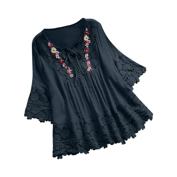 FINALGANG Women Elegant Shirt Flower Print O-Neck 3/4 Sleeve Vintage Top Loose Fit Lace Drawstring Shirt Leisure Breathable Daily Wear