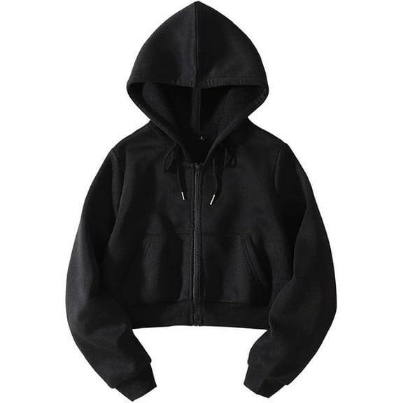 FINALGANG Women Elegant Sweatshirts Solid Color Long Sleeve Full Zip Drawstring Hoodie Navel-Baring Top With Pocket Leisure Breathable Daily Wear