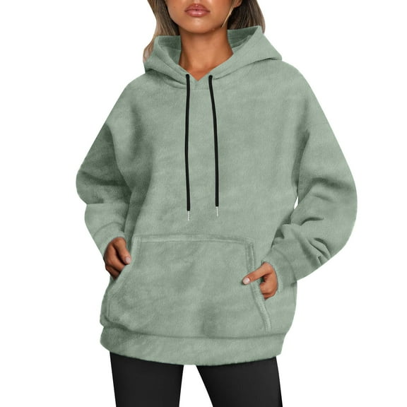 FINALGANG Women Elegant Sweatshirts Solid Color Long Sleeve Oversized Hooded Top Drawstring Hoodie With Pocket Leisure Breathable Daily Wear