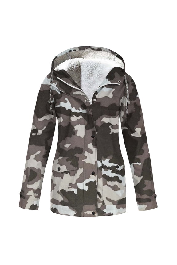 Women Simple Anoraks Camouflage Print Long Sleeve Hooded Plush Coat Zipper Athletic Long Windbreaker With Pockets Design Durable Soft Fabric
