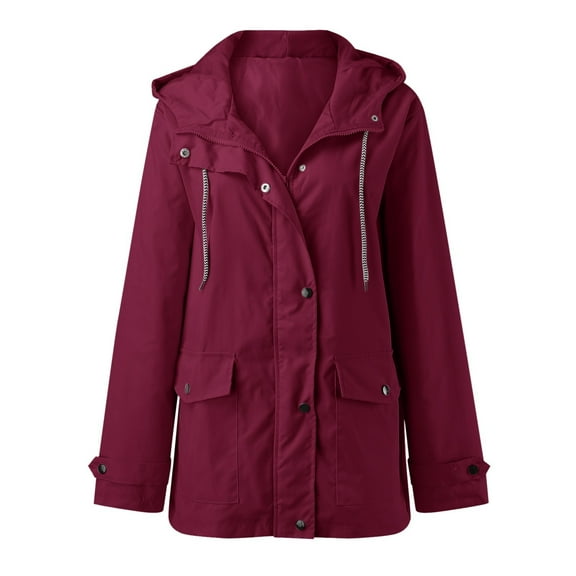 FINALGANG Women Simple Anoraks Solid Color Long Sleeve Hooded Waterproof Windbreaker Full Zipper Warm Jackets With Pockets Design Durable Soft Fabric