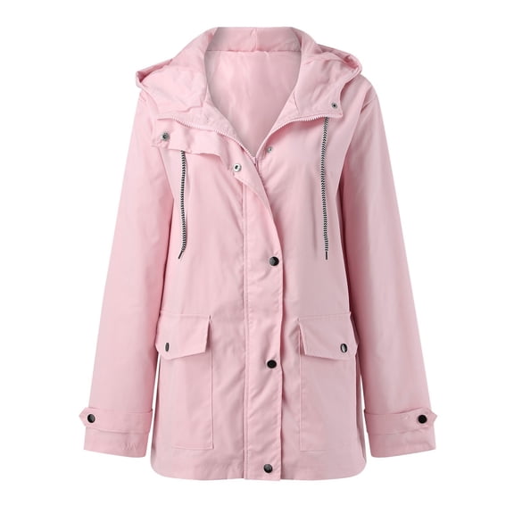 FINALGANG Women Simple Anoraks Solid Color Long Sleeve Hooded Waterproof Windbreaker Full Zipper Warm Jackets With Pockets Design Durable Soft Fabric