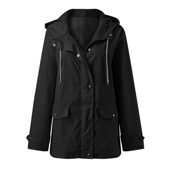 FINALGANG Women Simple Anoraks Solid Color Long Sleeve Hooded Waterproof Windbreaker Full Zipper Warm Jackets With Pockets Design Durable Soft Fabric