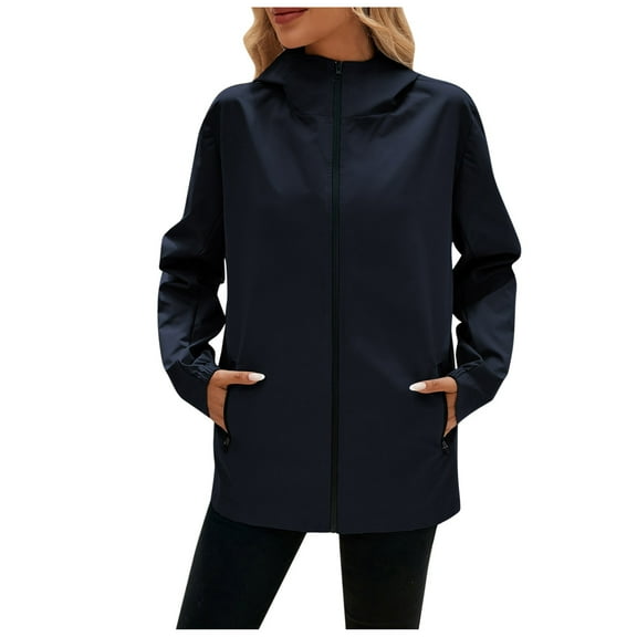 FINALGANG Women Simple Anoraks Solid Color Long Sleeve Hooded Zipper Coat Windproof Jacket With Zipper Pockets Leisure Breathable Daily Wear