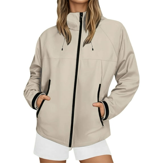 FINALGANG Women Simple Jacket Solid Color Long Sleeve Hooded Windproof Rain Jacket Zipper Climbing Coat With Pockets Leisure Breathable Daily Wear