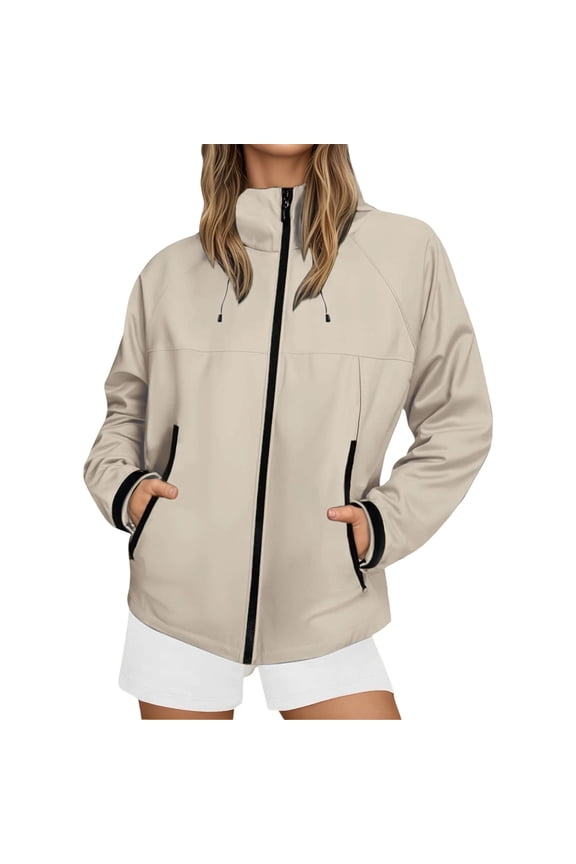 Women Simple Jacket Solid Color Long Sleeve Hooded Windproof Rain Jacket Zipper Climbing Coat With Pockets Leisure Breathable Daily Wear