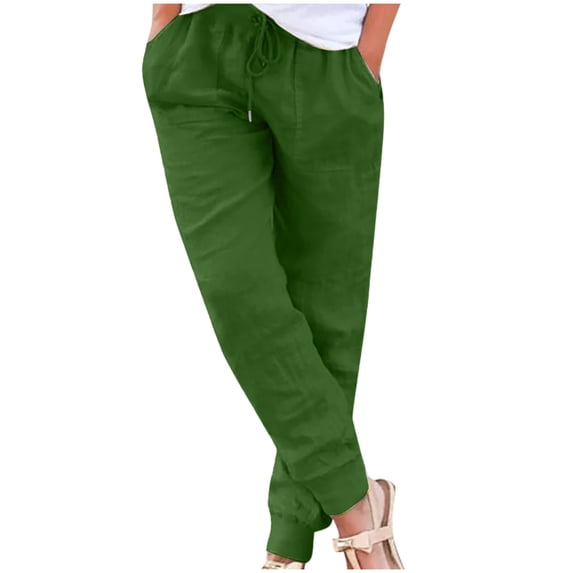 FINALGANG Women Simple Plus Size Trousers Solid Color Cotton Linen Slacks Drawstring Ankle-Tied Pants With Pockets Design Durable Soft Fabric