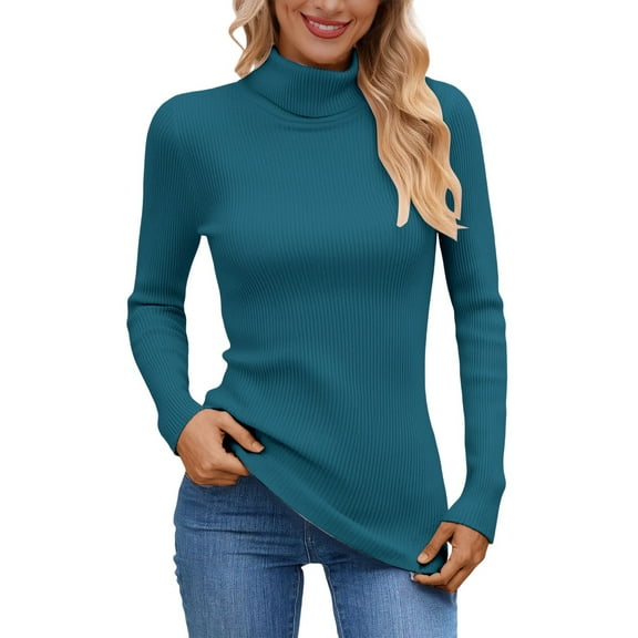 FINALGANG Women Sweater Warm Solid Color Long Sleeve Turtleneck Knit Pullover Tops Womens Classic Climbing Hiking Camping Cycling Sweater,Blue,One Size