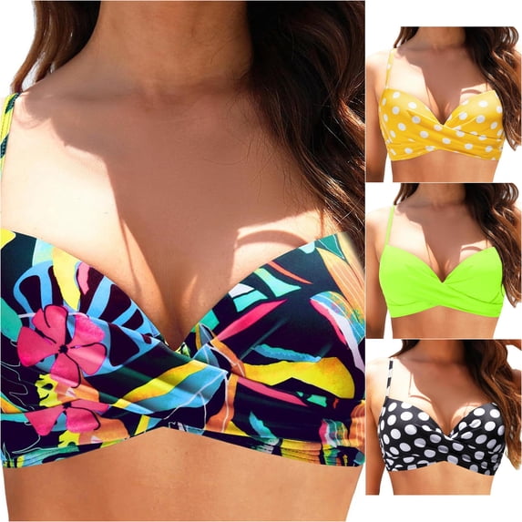 FINALGANG Women V Neck Thin Spaghetti Strap Polka Dot Print Twist Front Bikini Top Soft Stretch Summer Swimwear For Beach Vacation Cozy Swimwear L
