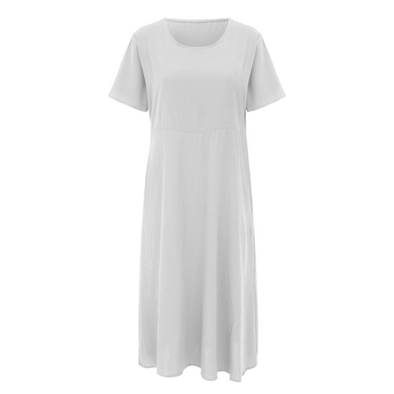 FINALGANG Women Versatile Dress Solid Color Short Sleeve O-Neck Loose Fit Cotton Linen Sundress With Pockets Durable Sunsuit Clothes