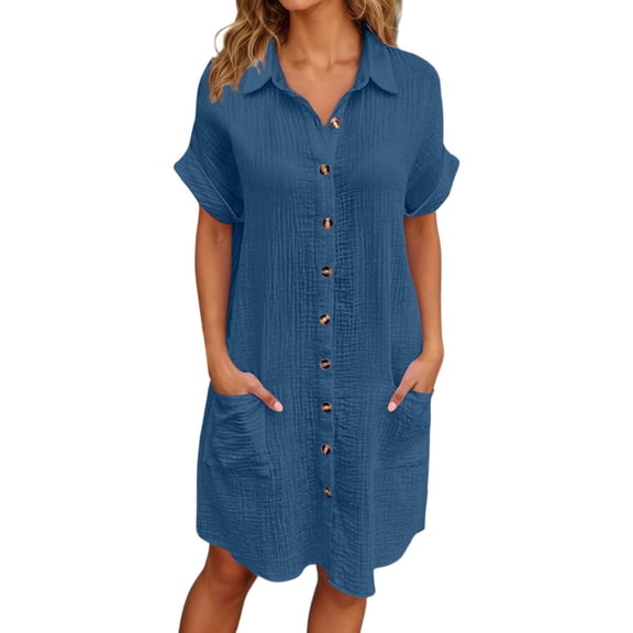 FINALGANG Women Versatile Dress Solid Color Turndown Collar Short Sleeve Dresses Buttons Down Loose Sundress With Pockets Design Durable Soft Fabric