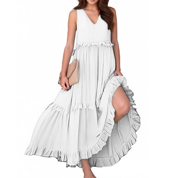 FINALGANG Women Versatile Dresses Solid Color Sleeveless V-Neck Bohemian Vest Top Ruffled Hem Beach Long Dress Skin Friendly Relaxed Fit Activewear