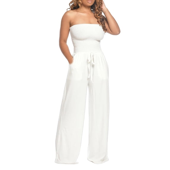 FINALGANG Women Versatile Jumpsuit Solid Color Strapless Loose Fit Onesie Wide Leg Drawstring Pants With Pockets Design Durable Skin Friendly Fabric