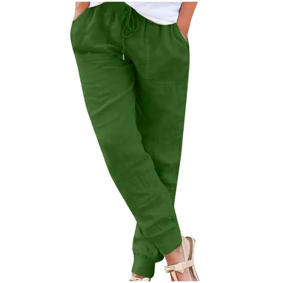FINALGANG Women Versatile Plus Size Trousers Solid Color Cotton Linen Slacks Drawstring Ankle-Tied Pants With Pockets Skin Friendly Relaxed Fit Activewear