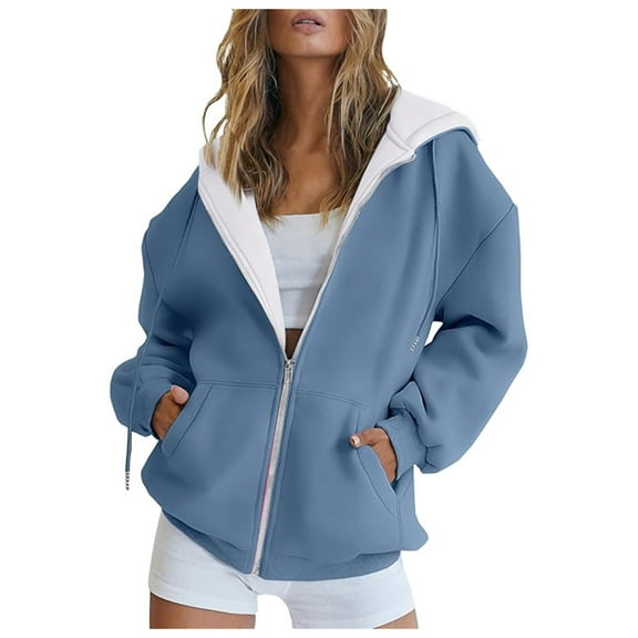 FINALGANG Women Versatile Sweatshirts Solid Color Long Sleeve Drawstring Hoodie Full Zip Top With Pocket Adult Durable Sunsuit Clothes