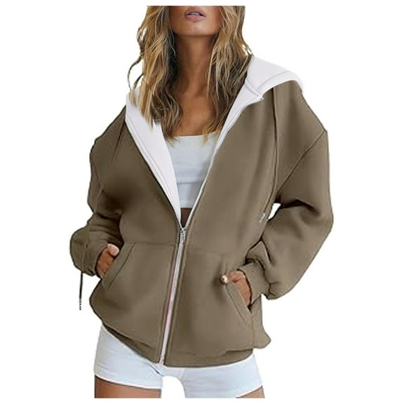 FINALGANG Women Versatile Sweatshirts Solid Color Long Sleeve Drawstring Hoodie Full Zip Top With Pocket Adult Durable Sunsuit Clothes