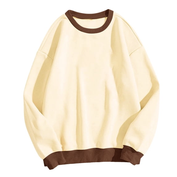 FINALGANG Women Versatile Sweatshirts Solid Color Patchwork Long Sleeve O-Neck Drop Shoulder Pullover Leisure Breathable Daily Wear