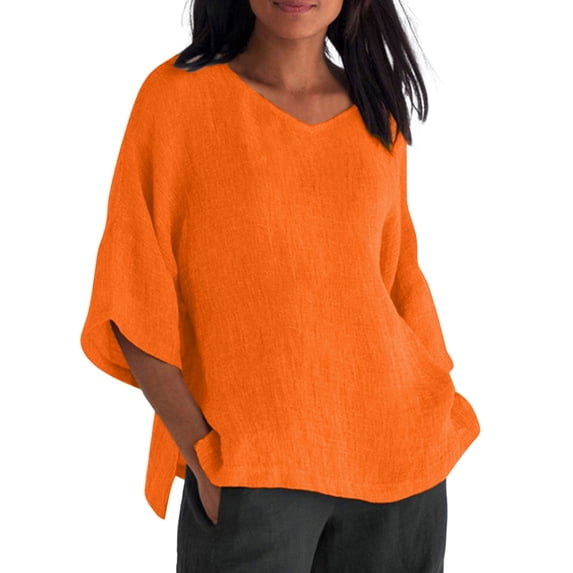 FINALGANG Women Versatile T-Shirt Solid Color O-Neck 3/4 Sleeve Loose Fit Top Split Tshirts Skin Friendly Relaxed Fit Activewear