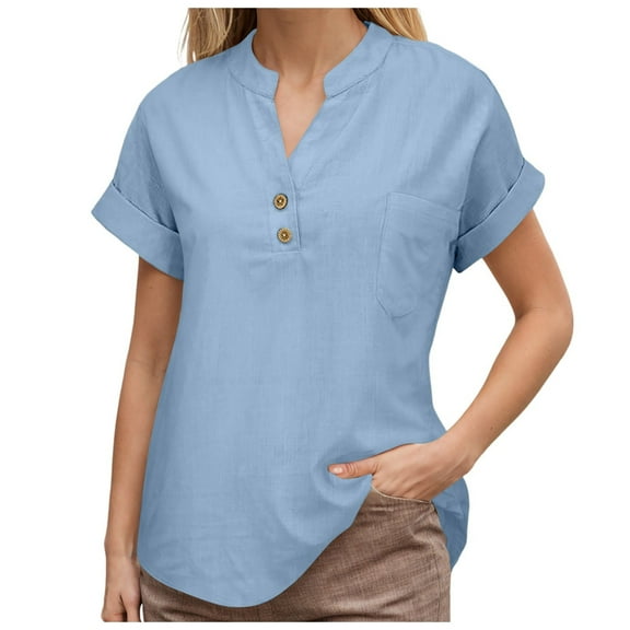 FINALGANG Women Versatile T-Shirt Solid Color Stand Collar Short Sleeve Button Down Tshirts Leisure Breathable Daily Wear