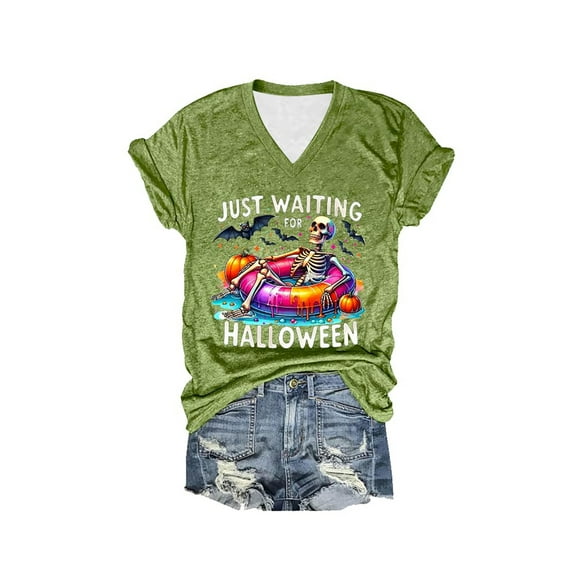 FINALGANG Women Versatile T-Shirts Cartoon Print V-Neck Short Sleeve Tshirts Funny Halloween Top Leisure Breathable Comfort Wear