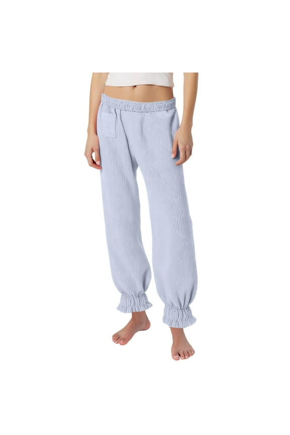 Women Versatile Trousers Solid Color Elastic Waistband Ruffled Pants Straight Leg Ankle-Tied Bell-Bottoms With Pockets Design Durable Skin Friendly Fabric For Adult