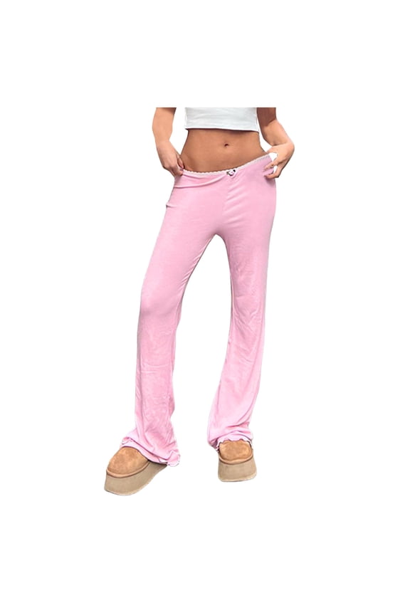 Women Versatile Trousers Solid Color Elastic Waistband Ruffled Pants Straight Leg Bell-Bottoms With 3D Flower Suitable For Various Occasions