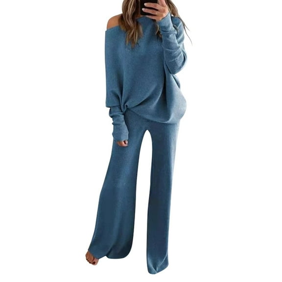 FINALGANG Women's 2 Piece Casua Outfit Solid Color Knit Set Off Shoulder Long Sleeve Top Wide Leg Pants For Daily Outdoor Activities Classic Set