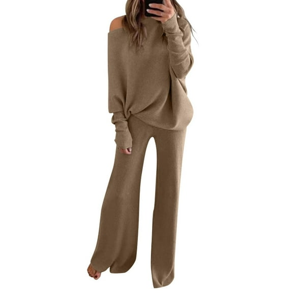 FINALGANG Women's 2 Piece Casua Outfit Solid Color Knit Set Off Shoulder Long Sleeve Top Wide Leg Pants For Daily Outdoor Activities Cozy Set