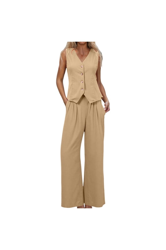 Women's 2 Piece Casual Outfit Solid Color Streetwear Set Sleeveless Button Front Vest Wide Leg Pants For Daily Casual Outdoor Activities Stylish Set