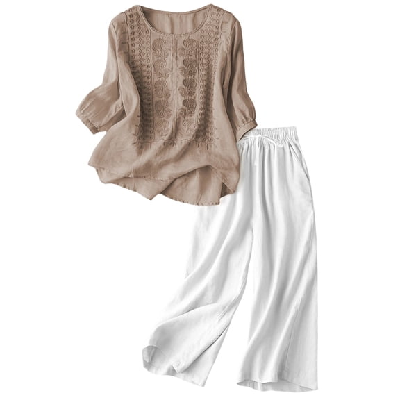 FINALGANG Women's 2 Piece Loungewear Outfit Floral Embroidered Long Sleeve Crewneck Top Wide Leg Pants Homewear Set For Daily Home Relaxation Classic Set