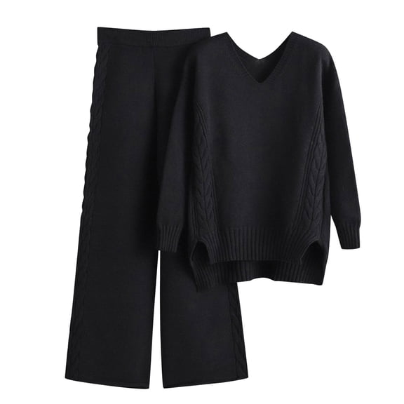 FINALGANG Women's 2 Piece Loungewear Outfit Solid Color Cable Knit Homewear Set Long Sleeve V Neck Top Wide Leg Pants For Daily Home Relaxation Stylish Set