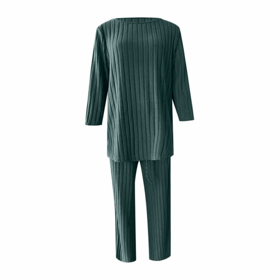 FINALGANG Women's 2 Piece Loungewear Outfit Solid Color Knit Homewear Set Long Sleeve Crewneck Tunic Wide Leg Pants For Daily Home Relaxation Fashionable Set