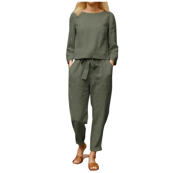 FINALGANG Women's 2 Piece Loungewear Outfit Solid Color Linen Homewear Set Long Sleeve Crewneck Top Loose Pants For Daily Home Relaxation Classic Set