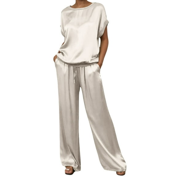FINALGANG Women's 2 Piece Loungewear Outfit Solid Color Satin Homewear Set Short Sleeve Crewneck Top Wide Leg Pants For Daily Home Relaxation Fashionable Set