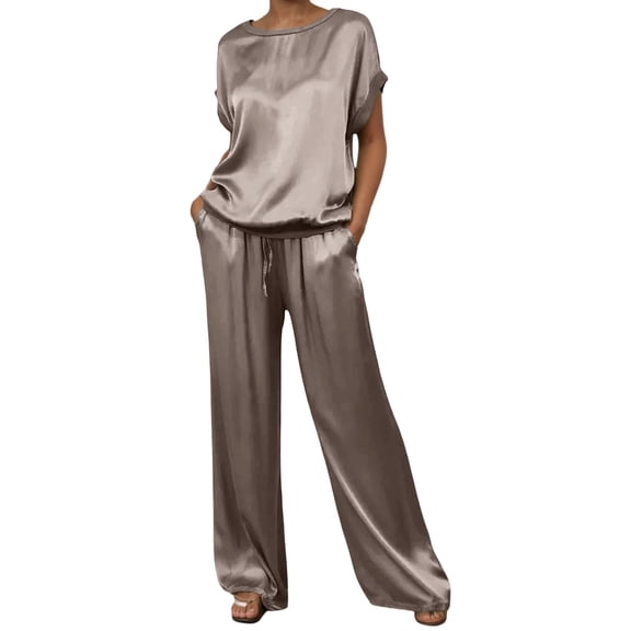 FINALGANG Women's 2 Piece Loungewear Outfit Solid Color Satin Homewear Set Short Sleeve Crewneck Top Wide Leg Pants For Daily Home Relaxation Soft Set