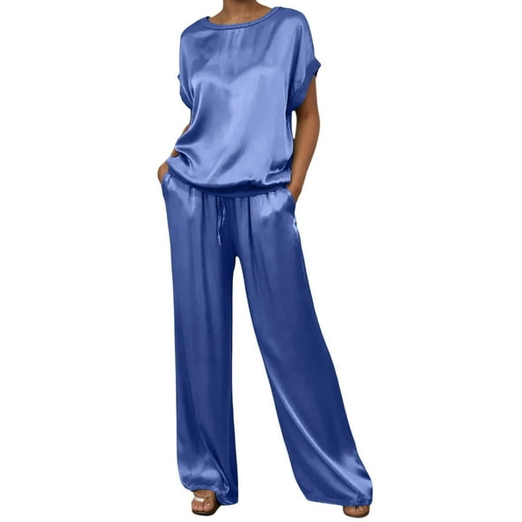 FINALGANG Women's 2 Piece Loungewear Outfit Solid Color Satin Homewear Set Short Sleeve Crewneck Top Wide Leg Pants For Daily Home Relaxation Trendy Set