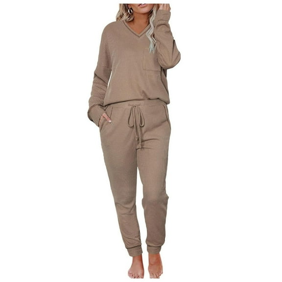 FINALGANG Women's 2 Piece Loungewear Set Solid Color Waffle Knit Homewear Set Long Sleeve V Neck Top Elastic Waisted Pants For Daily Home Relaxation Trendy Set