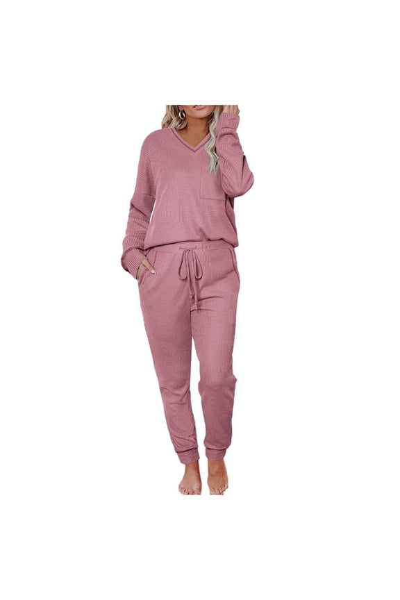 Women's 2 Piece Loungewear Set Solid Color Waffle Knit Homewear Set Long Sleeve V Neck Top Elastic Waisted Pants For Daily Home Relaxation Versatile Set