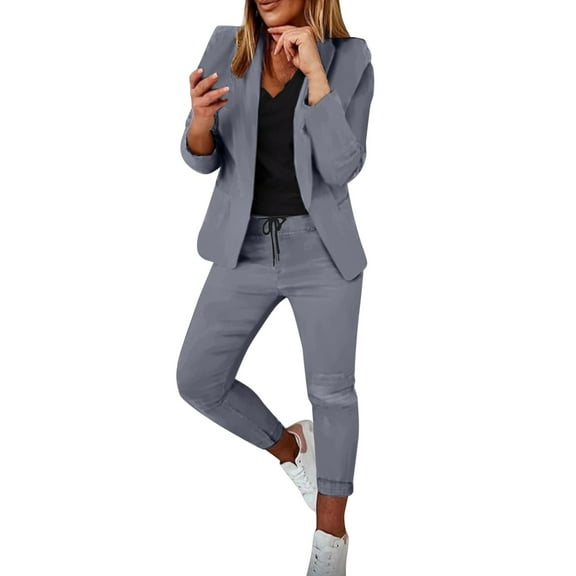 FINALGANG Women's 2 Piece Suit Set Solid Color Formal Outfit Long Sleeve Blazer Relaxed Fit Pants For Daily Casual Outdoor Activities Soft Set