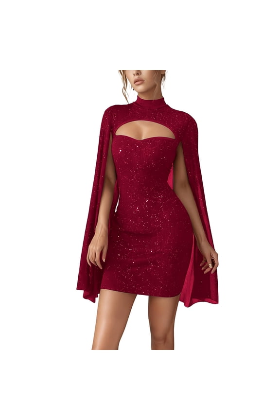 Women's Carnival Solid Color High Neck Hollow Out Capelet Mini Dress Sparkly Glitter Bodycon Sheer Cape Dress For Party Club Night Out Wear Holiday Dress