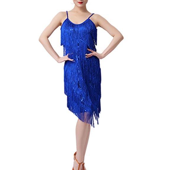 FINALGANG Women's Carnival Solid Color Sequin Fringe Spaghetti Strap Midi Dress Sleeveless V Neck Sparkly Dress For Theme Party Wear Classic Dress
