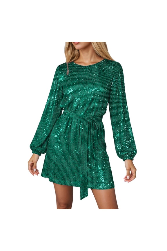 Women's Carnival Solid Color Sequin Puff Long Sleeve Mini Dress Crewneck Drawstring Waist Shiny Dress For Party Date Formal Occasion Holiday Dress